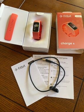Fitbit Charge 6 Fitness Tracker Champagne Gold Case with 2 Coral & 1 Tan Band